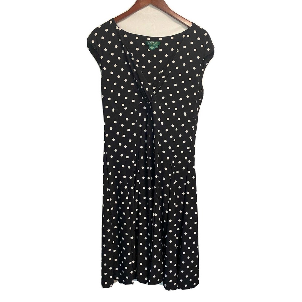 Lauren Ralph Lauren Womens‎ Sleeveless V-neck Sheath Polka Dot Dress Black Sz 12